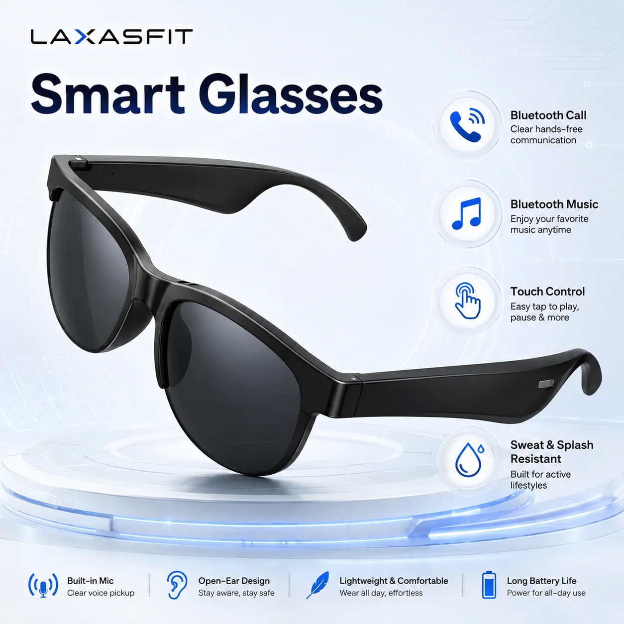 LAXASFIT Smart Glasses Bluetooth 5.3 Open Ear Stereo Sound Call Music Remote Camera Voice Assistant Sports Sunglasses Gift