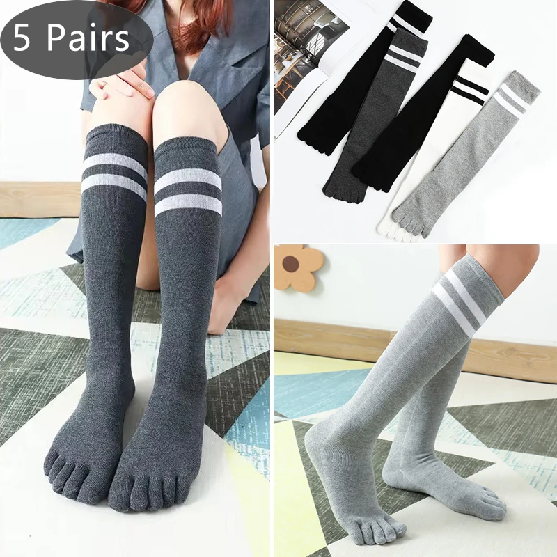 5 Pairs Long Toe Socks Women Girl Cotton Warm Striped Stocking Below The Knee College Style Student 5 Finger Leg Pile Socks