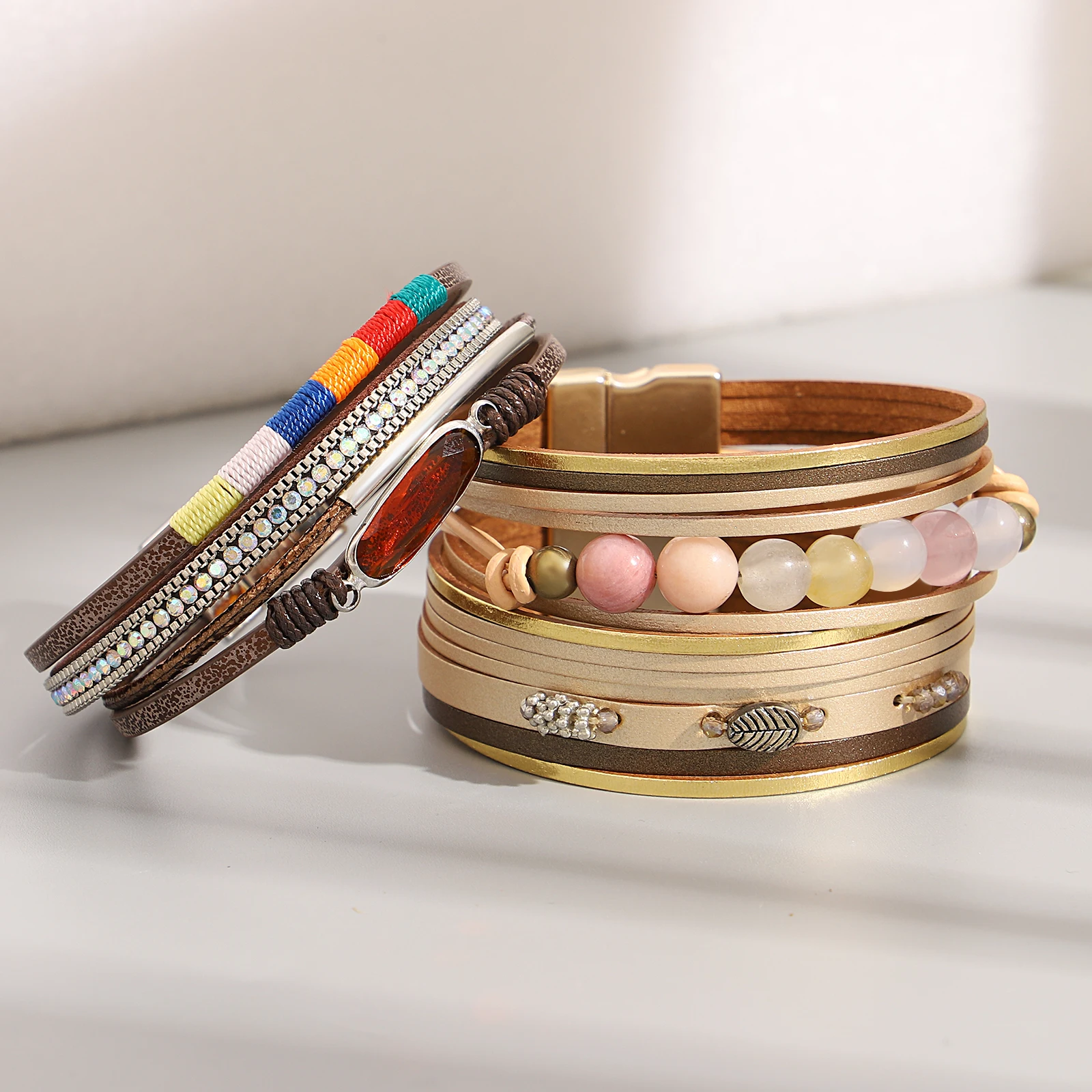 Amorcome Elegant Acrylic Bead Multilayer Leather Bracelet for Women Stackable Wrapped Woven Bracelet Fashion Jewelry Gift New