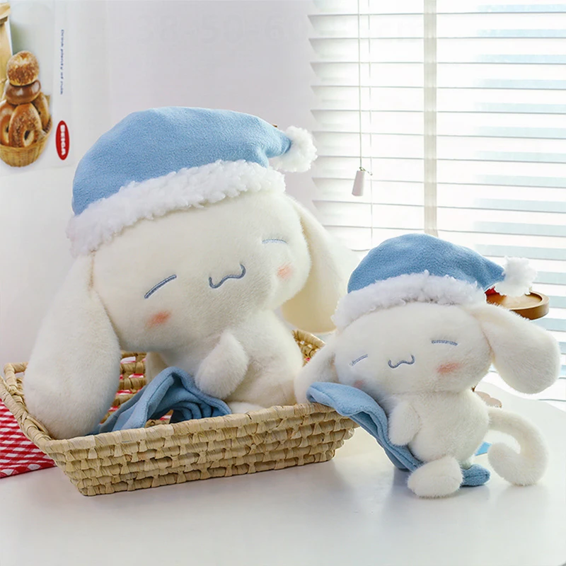 Dulce sueño Cinnamoroll juguete de peluche con gorro para dormir lindo cachorro de orejas grandes Animal relleno para niños cumpleaños regalo de Navidad muñeca suave