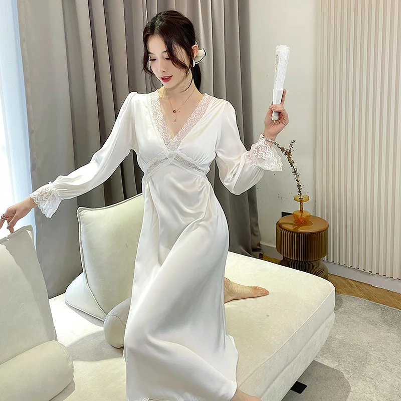 

Nightgown Women Lace Sleepwear V-Neck Nightdress Long Sleeve Bathrobe Dressing Gown Summer Lady Nightwear Dress Loungewear