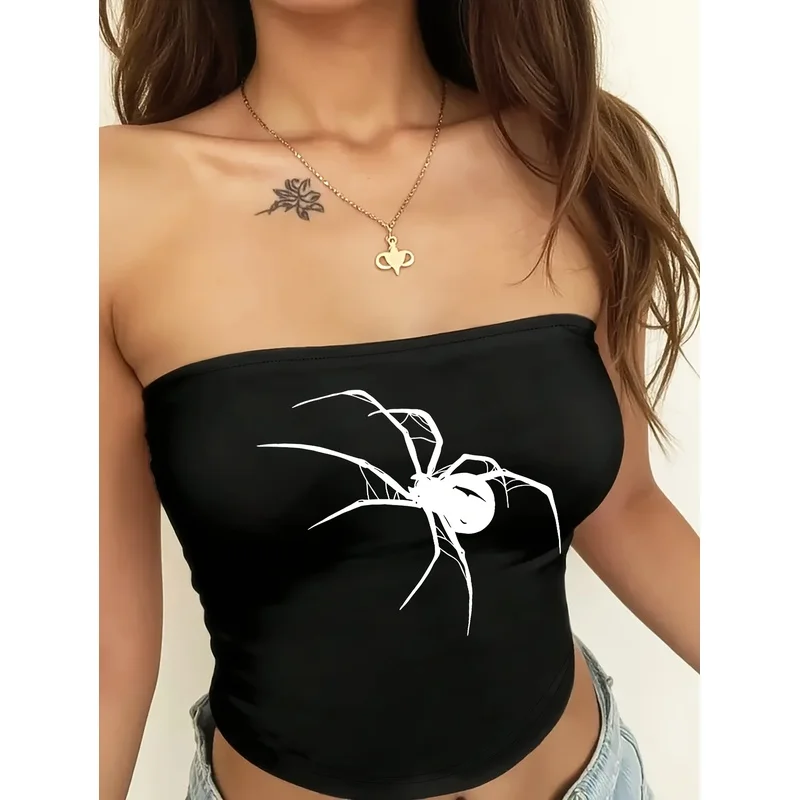 Dark Spider Print Plunging Short Sleeve See-Through Tight Strapless Top
