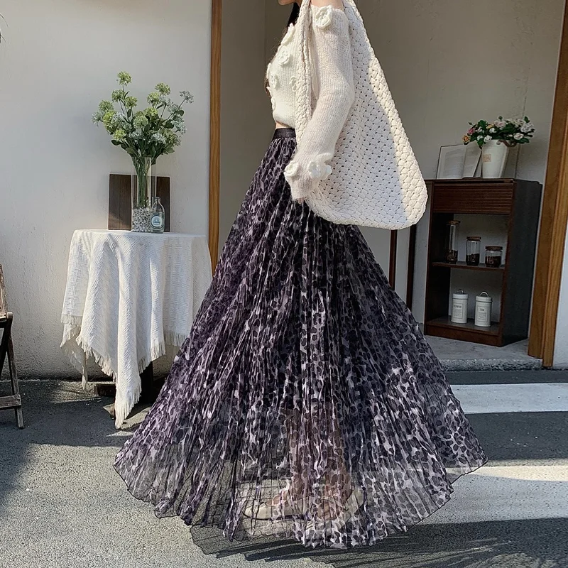 

Retro Purple Leopard Print Tulle Skirt Women's Asymmetrical A-Line Midi Skirt Slimming Drapey Layers Ci Walk Polyester Fiber