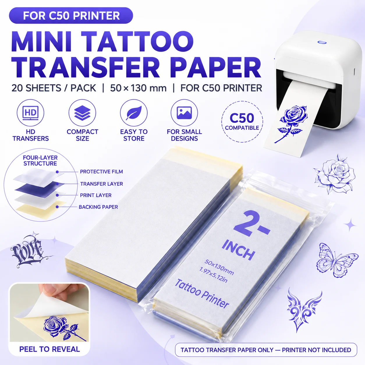 DIY Thermal Tattoo Stencil Transfer Paper 50x130mm Compatible for Mini Portable Thermal Tattoo Printer Copier Supply