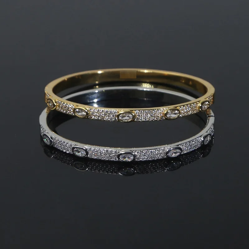 

Luxury 58mm Geometric Oval Cz Bangles for Women Micro Paved Bling Cubic Zirconia Gold and Platinum Plated Color Fashion Jewelry