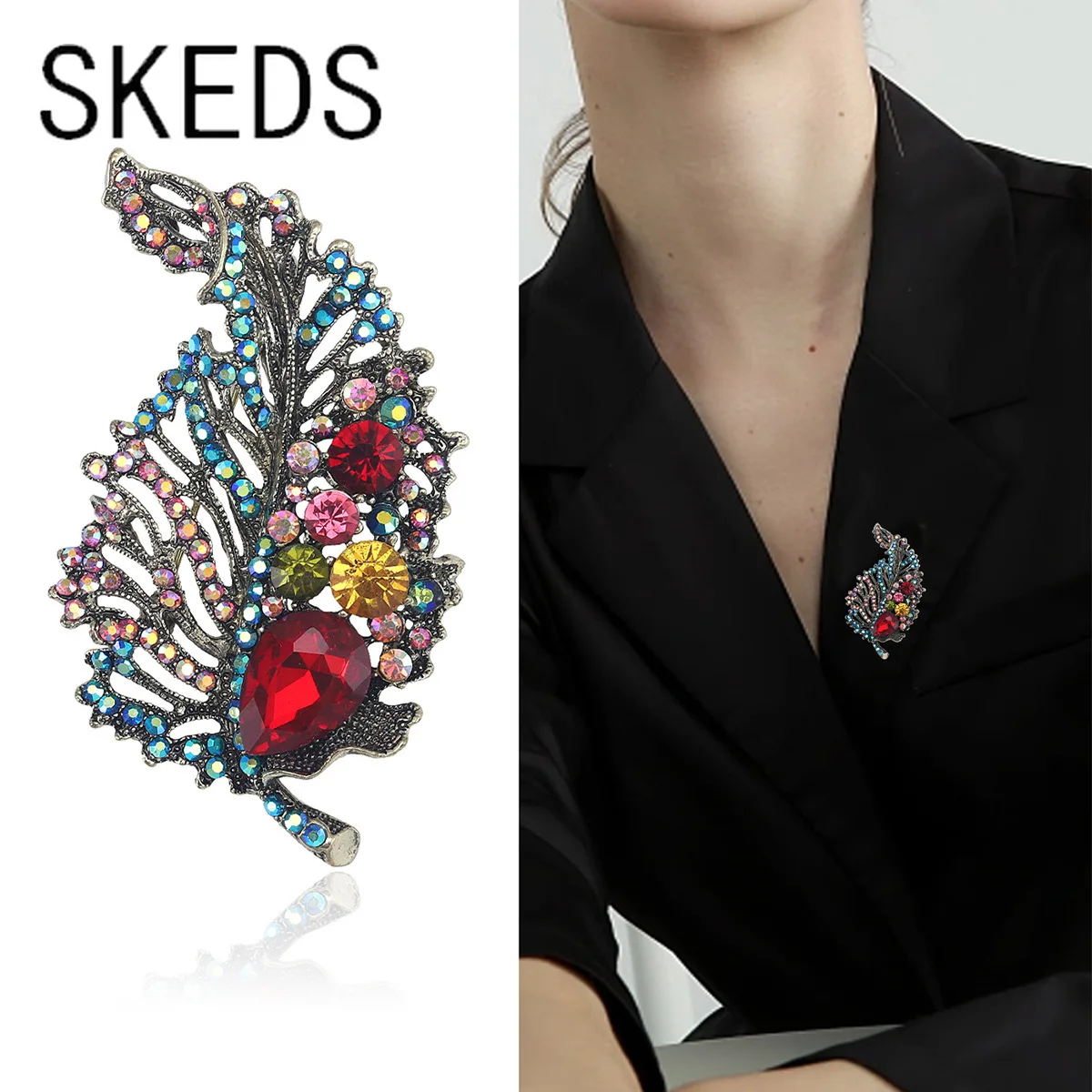 SKEDS Luxury Exuquisite Crystal Feather Brooches For Women Men Fashion Vintage Shining Boutique Decoration Badges Pin Jewelry