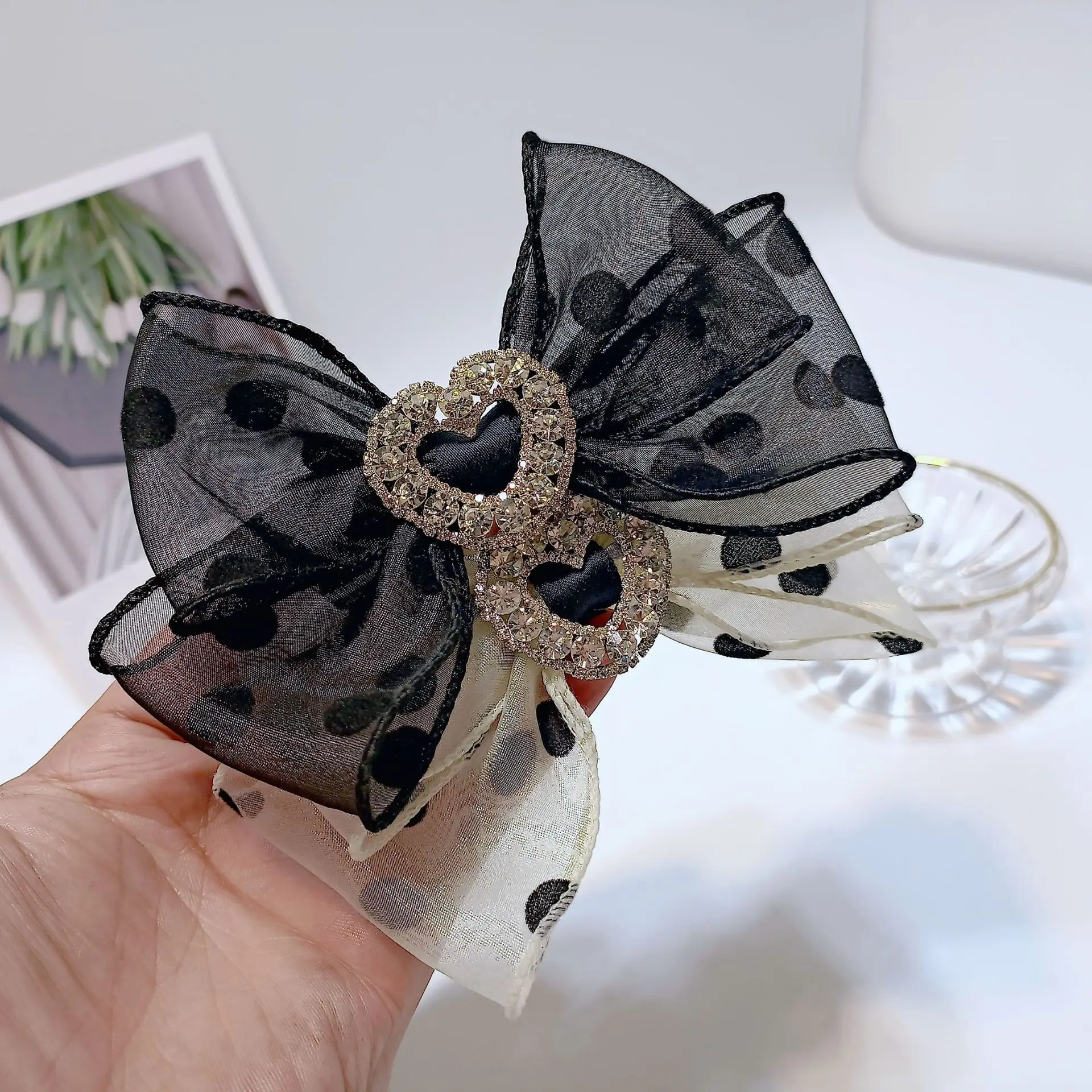 

Korean Grace Wave Point Organza Hair Ties Band Bowknot Crystal Head Rope Ponytail French Super Fairy Girls Accessores