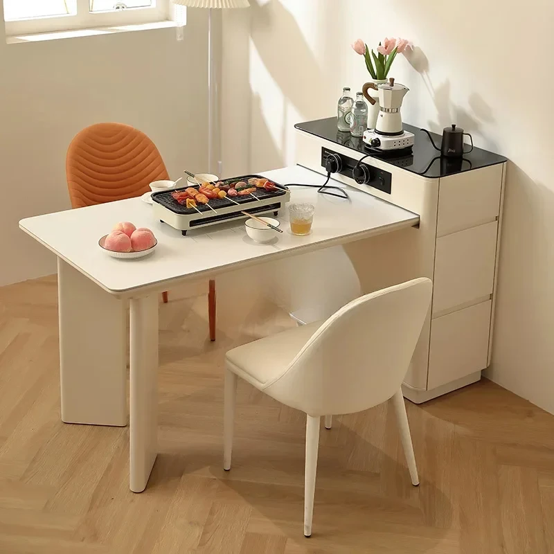 French small apartment island dining table integrated retractable rock slab simple modern home