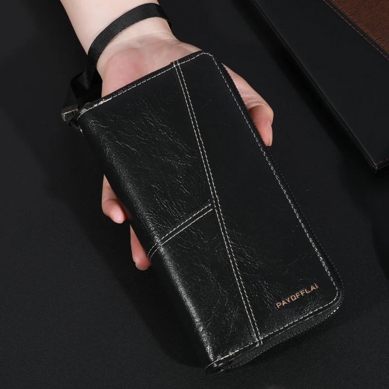 Men\'s Leather Zipper Handbag Large Capacity Long Wallet Clutch Bag Phone Bag Multi-card Card Holder Coin Purse Wallet