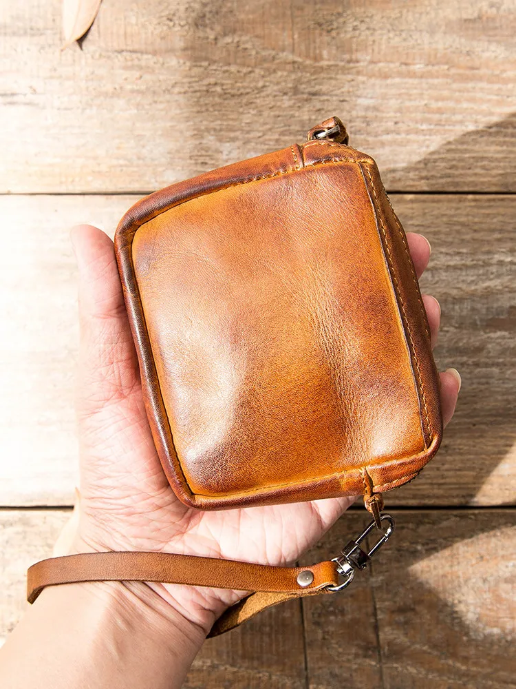 2026 retro vegetable tanned leather old leather zipper change card bag key wallet