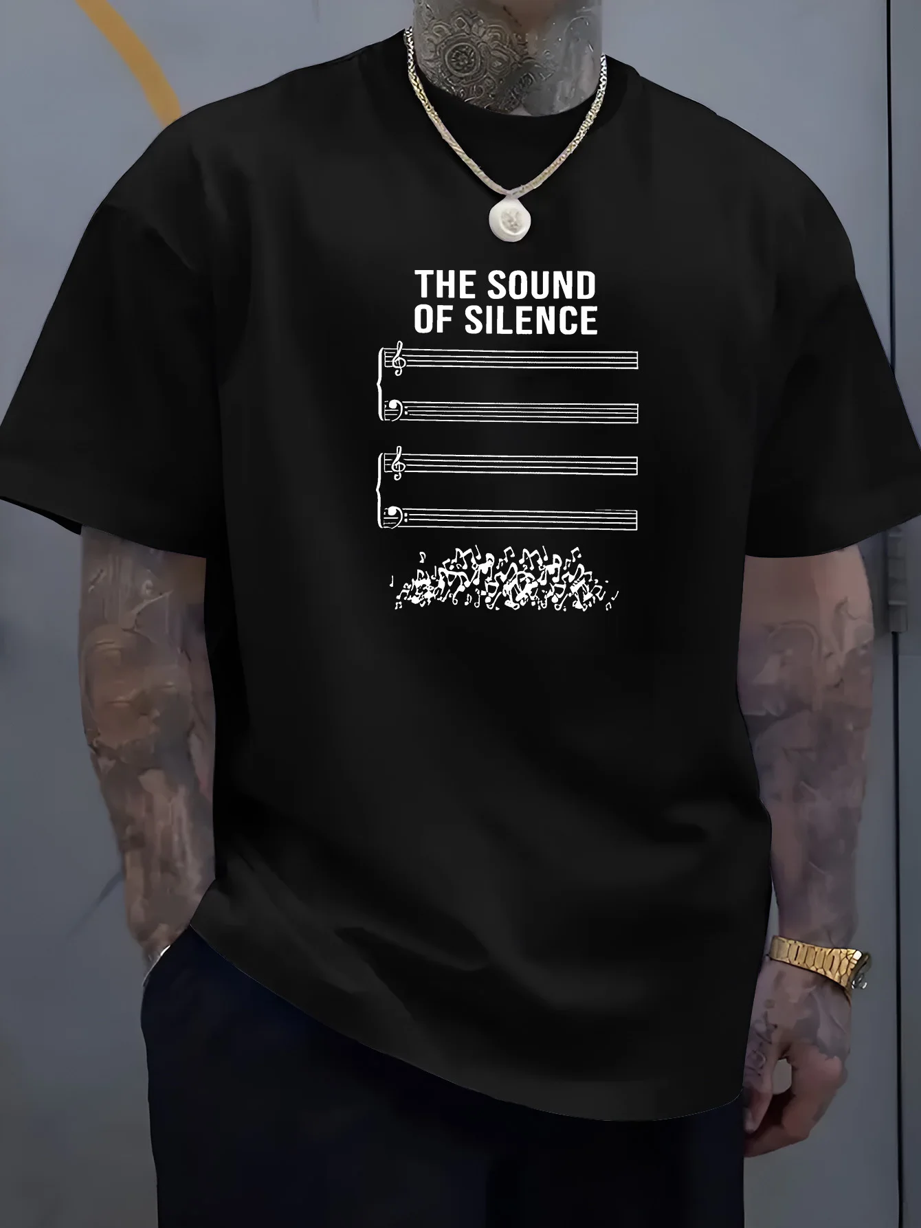 Men White Crew Neck Tee The Sound Of Silence Blank Staff Chaotic Music Note Graphic Musician Minimal Casual Cotton Tops