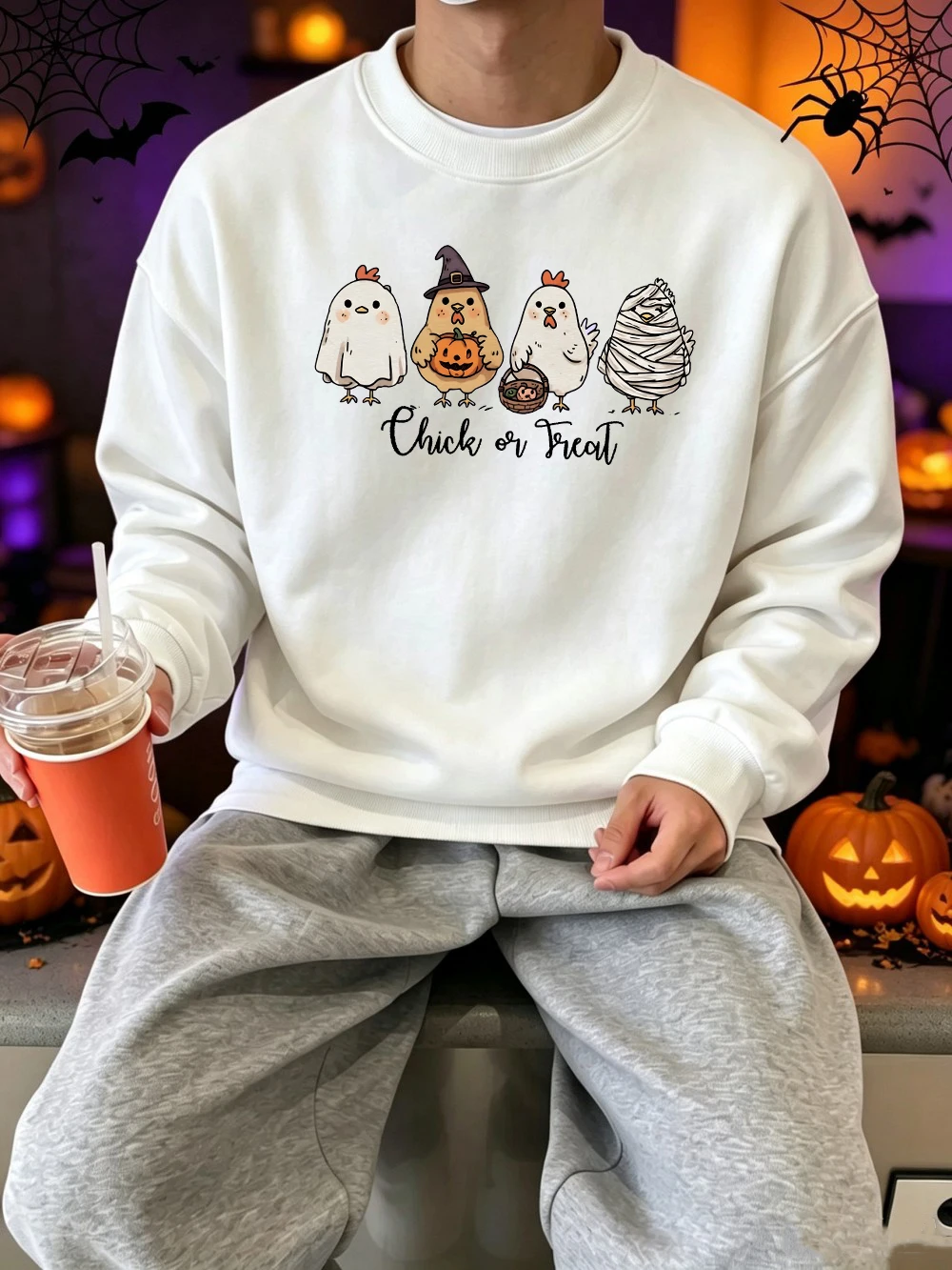 Halloween Different Shaped Chicks Prints Sweatshirt Mens Basic O-Neck Hoodies Casual Loose Pullovers Winter Fleece Warm Clothes