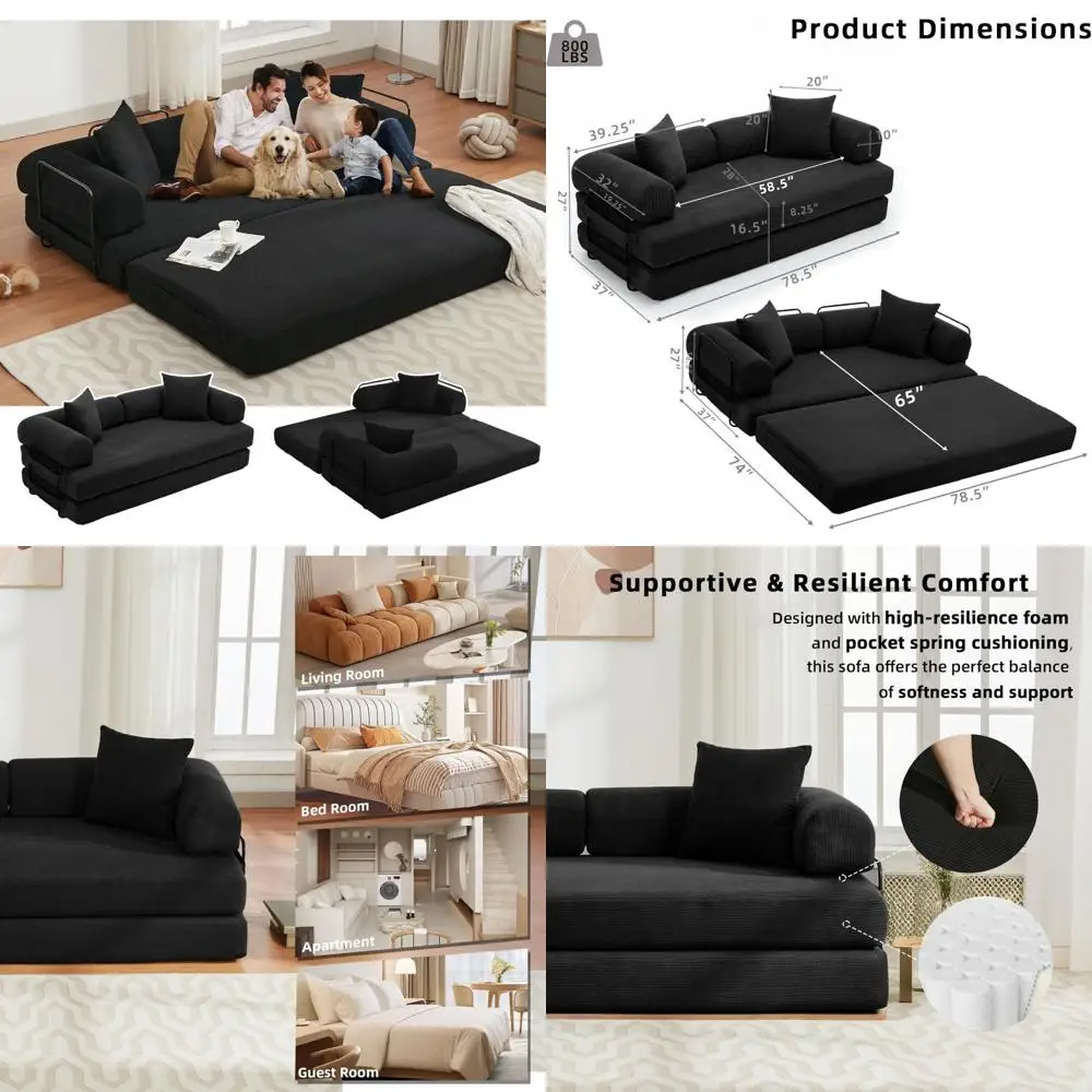 أريكة سرير قابلة للتحويل 4 في 1 بحجم كينج مع وسائد قابلة للإزالة وقاعدة قابلة للطي غير قابلة للانزلاق للمعيشة المريحة