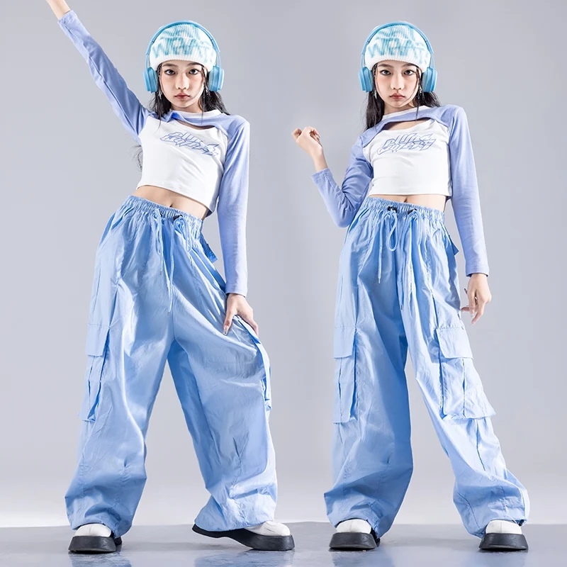 Urban Dance Girls Clothes Hip-hop Outfits Long Sleeve Top Blue Cargo Pants Kids Jazz Dance Costume Catwalk Show Costumes DQL9960