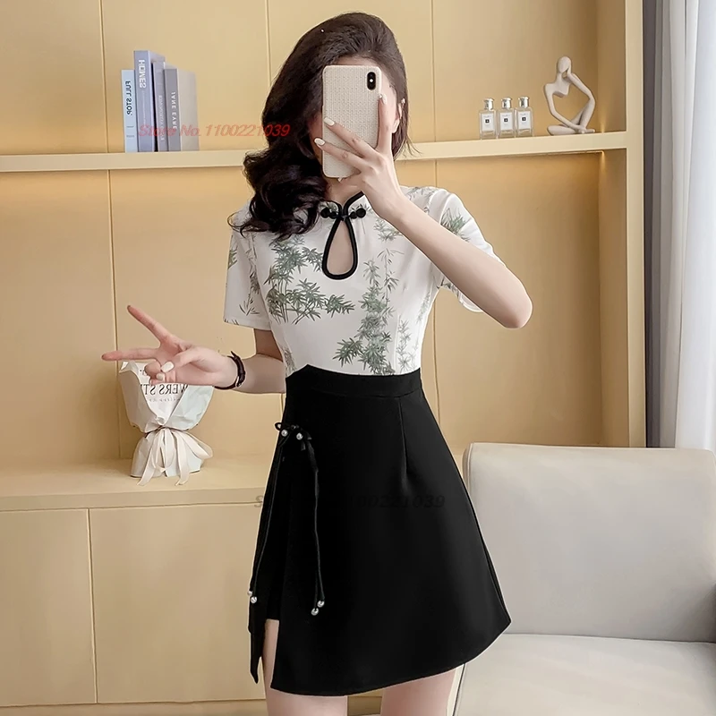 2026 chinese sexy nightclub dress banquet qipao national flower print patchwork cheongsam dress+shorts set hotel spa work dress