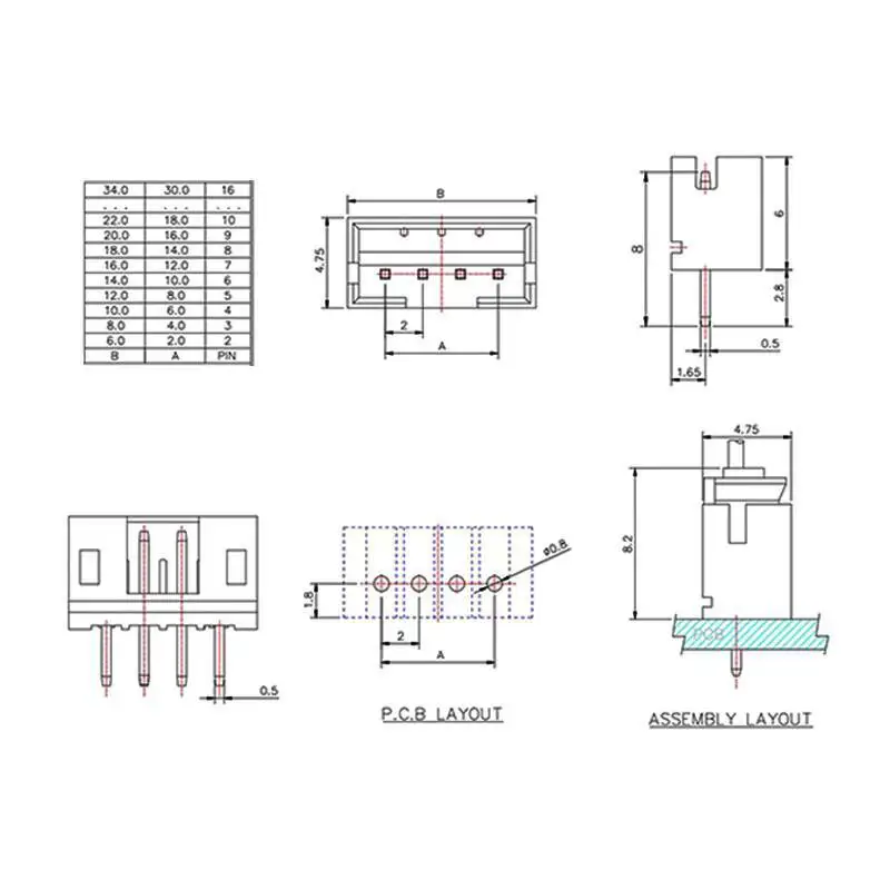 10 Sätze PH2.0 Steckverbinder, Rastermaß 2 mm, Stecker + gerade und gebogene Buchsenklemmen 2P/3/4/5/8P 9 10P – Detail 1