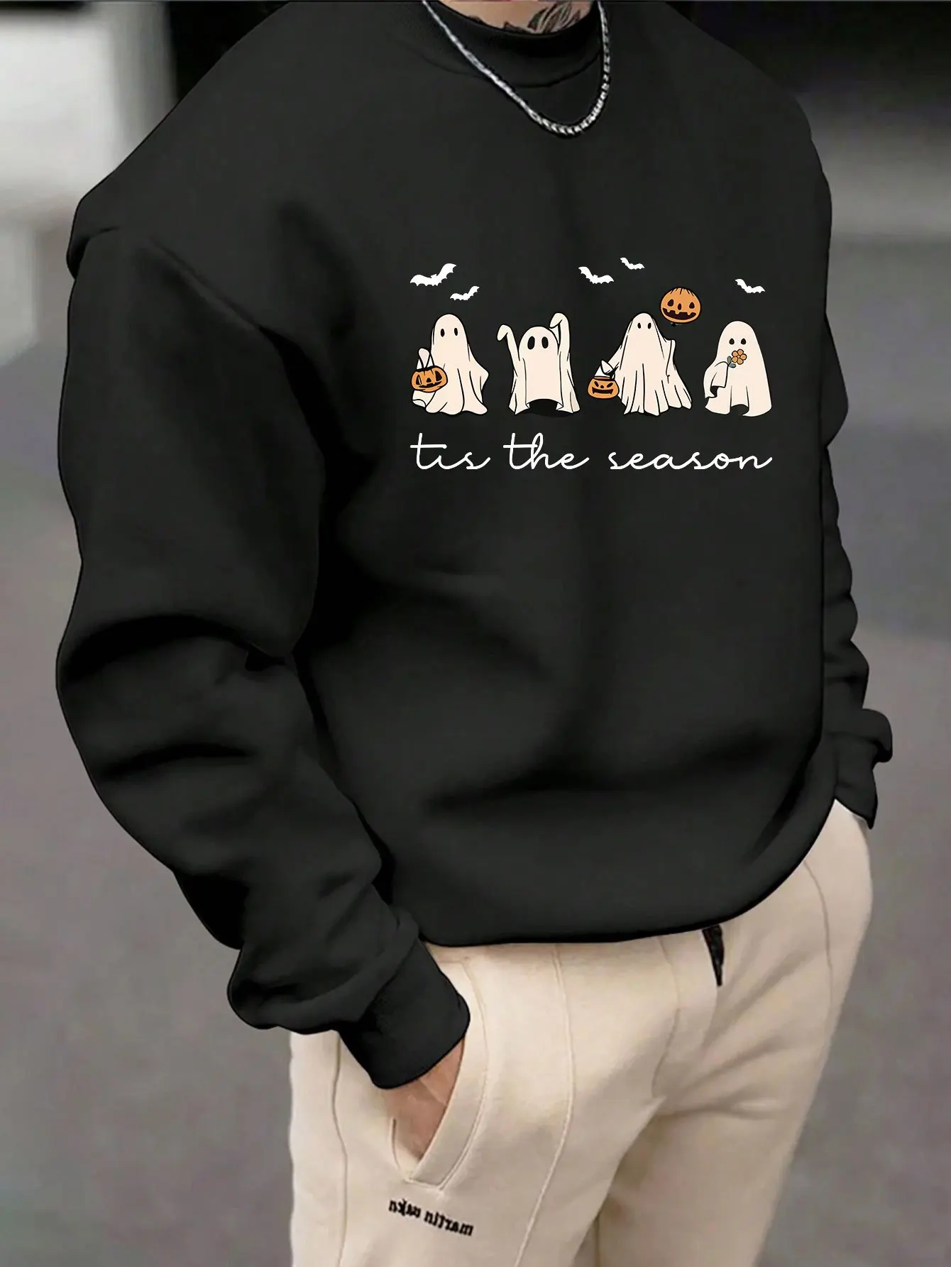 

Men'S Halloween Graphic Sweatshirt - Loose Fit Long Sleeve Pullover with "Tis the Season" Print - Green Crewneck Sweater for