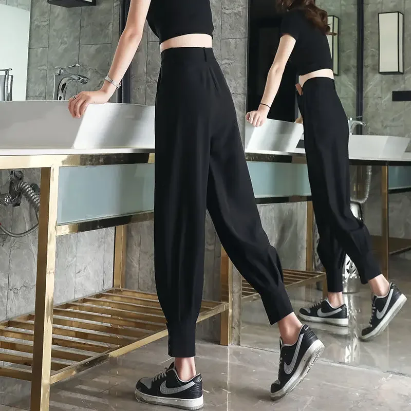 

Брюки женские летние свободные винтажные молодежные повседневные шаровары с высокой талией готическая однотонная уличная одежда универсальные офисные женские элегантные