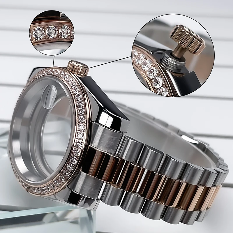 36mm/39mm NH35 Case 2T Rose Gold DJ President Jubile Strap Diamond Bezel Sapphire Glass Mod For NH35 NH36 Movement Watch Case