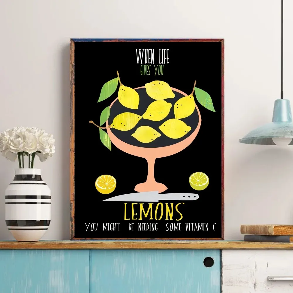 Nordic Fresh Lemon Fruit Canvas Wall Art Citrus Green Leaf Unframed Poster for Kitchen Dining Cafe Home Decor