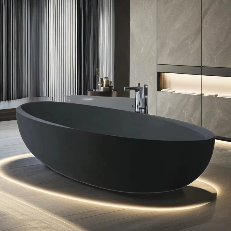 

All Black Durable Surface Bathtub Large Size Freestanding Art Style Black Bathroom