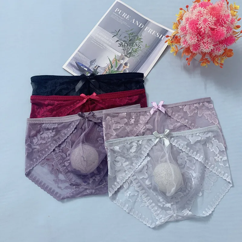 Men's Lace Briefs Ultra-Thin Seamless Transparent Underwear Large Size U Convex Sissy Panties Floral See Through Lingerie