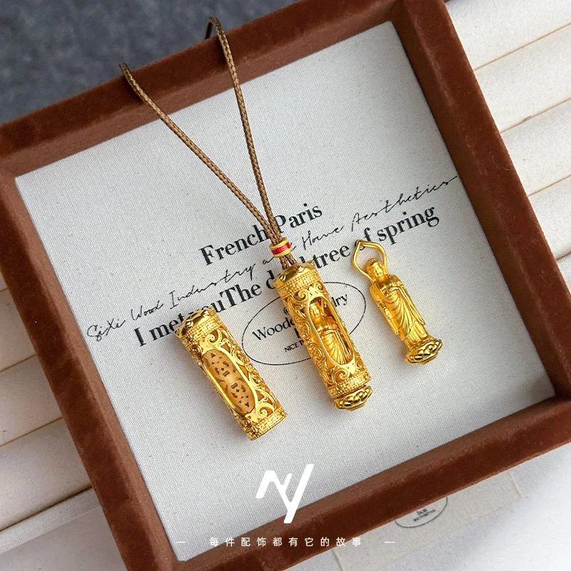 

9999 real glod Ancient Method Rotating Lotus Buddha Pendant Filament Portable Buddha Pendant necklace Long style