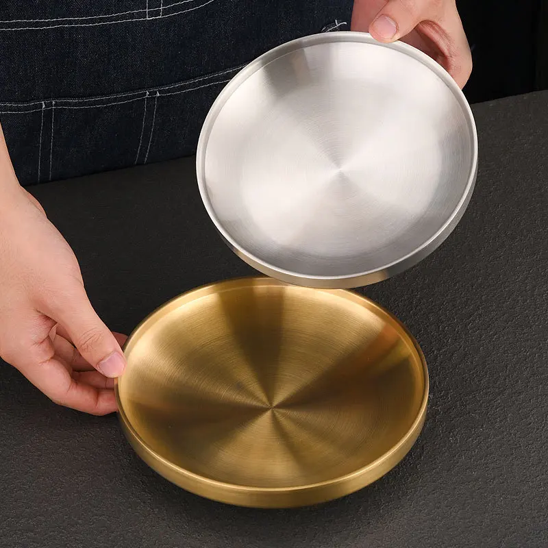 Extra thick  Korean 304 stainless steel disc, double-layer heat-insulated plate, commercial golden plate, steak western plate