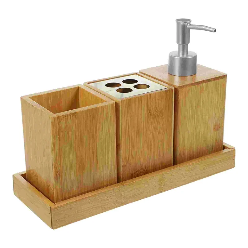 

Bamboo Bathroom Accessories Washable Bath Kit 1 Set Including Toothbrush Holder Soap Dispenser Shampoo Bottles
