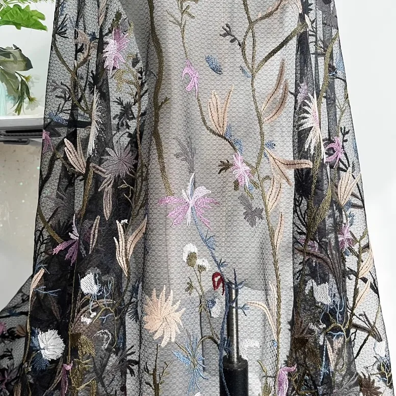 Black lace mesh colour embroidered lace fabric multicolour flower plant embroidery cheongsam women's skirt accessories