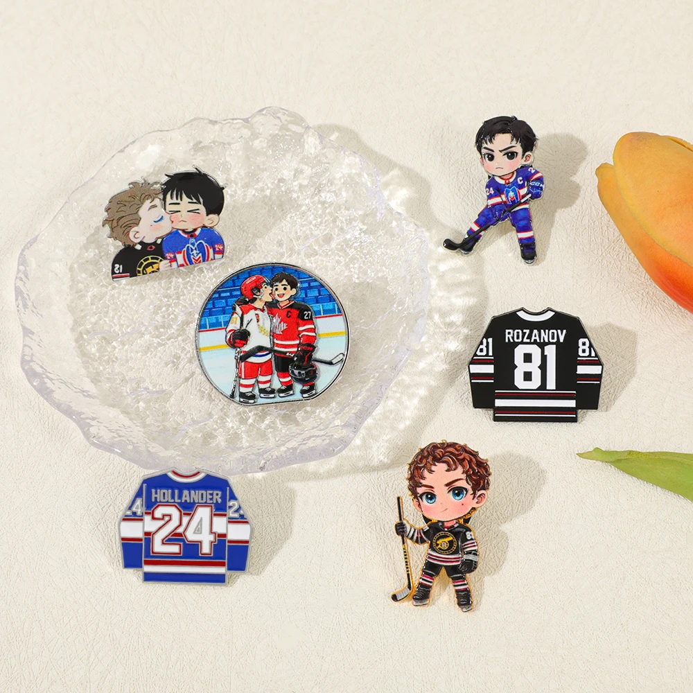 Ice Hockey Sport Theme Enamel Pins Cute Q‑Version Character Jersey Brooches Alloy Badges for Backpack Clothes Decoration Gift