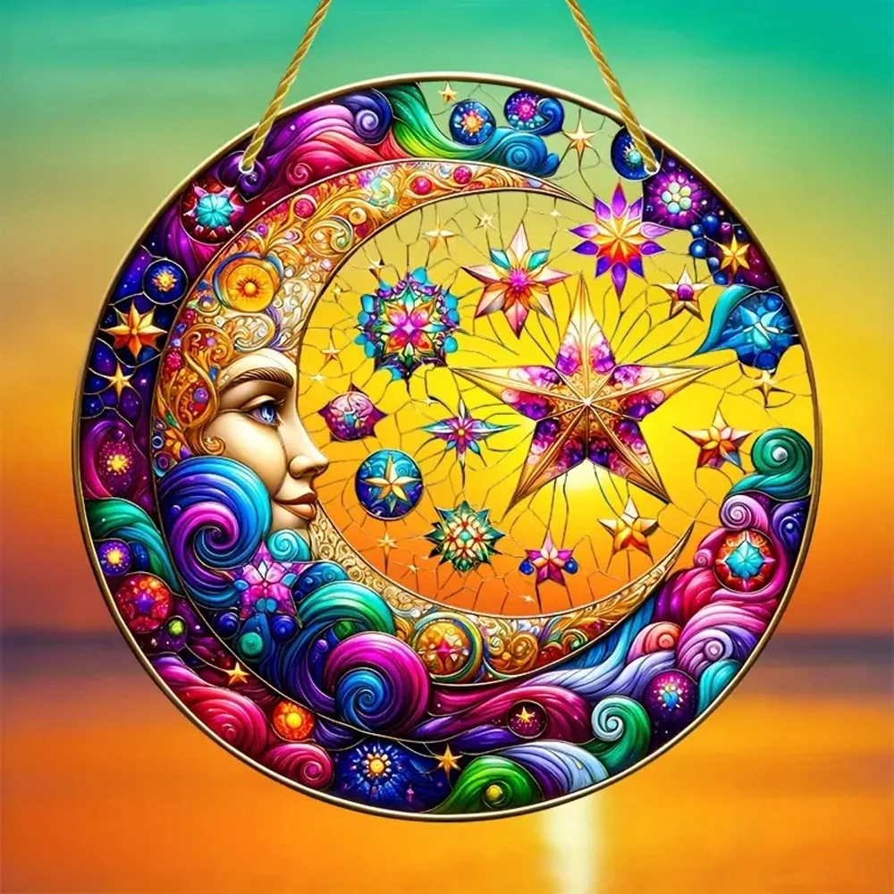 Solar Embrace Round Wooden Wall Art - Vibrant Stained Glass Sun & Moon Design, Multi-Purpose Door Hanging Decor for Home, Cafe,