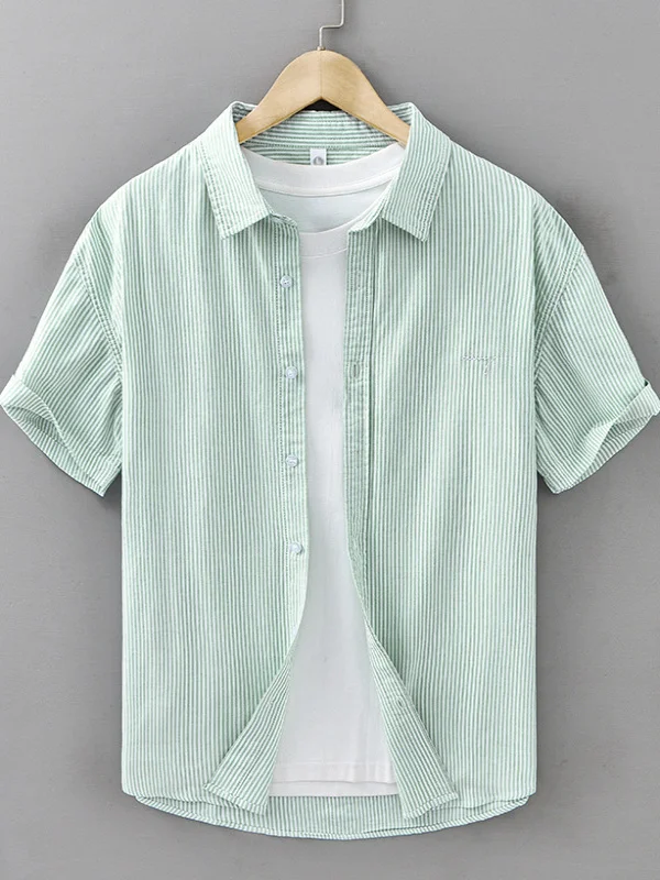 

Мужская летняя рубашка из тонкого дышащего хлопка с вышивкой, свободного кроя, в городском стиле, с полосатым узором, повседневная, модная