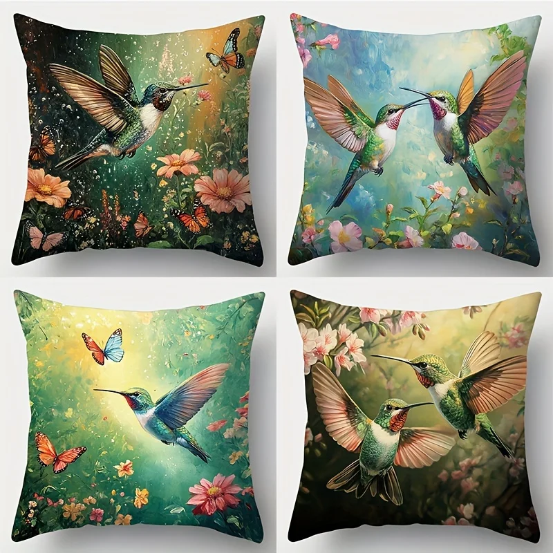 Hummingbird Flower pattern Double-sided Printed pillow cover Short plush Suitable living room bedrooms sofas throw cushion cover