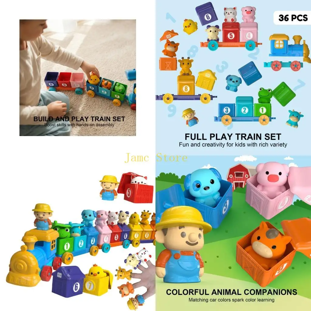 LX0B Kids Learning Train Toy Farm Animal Numbered Block Matching Sorting Activity Toy