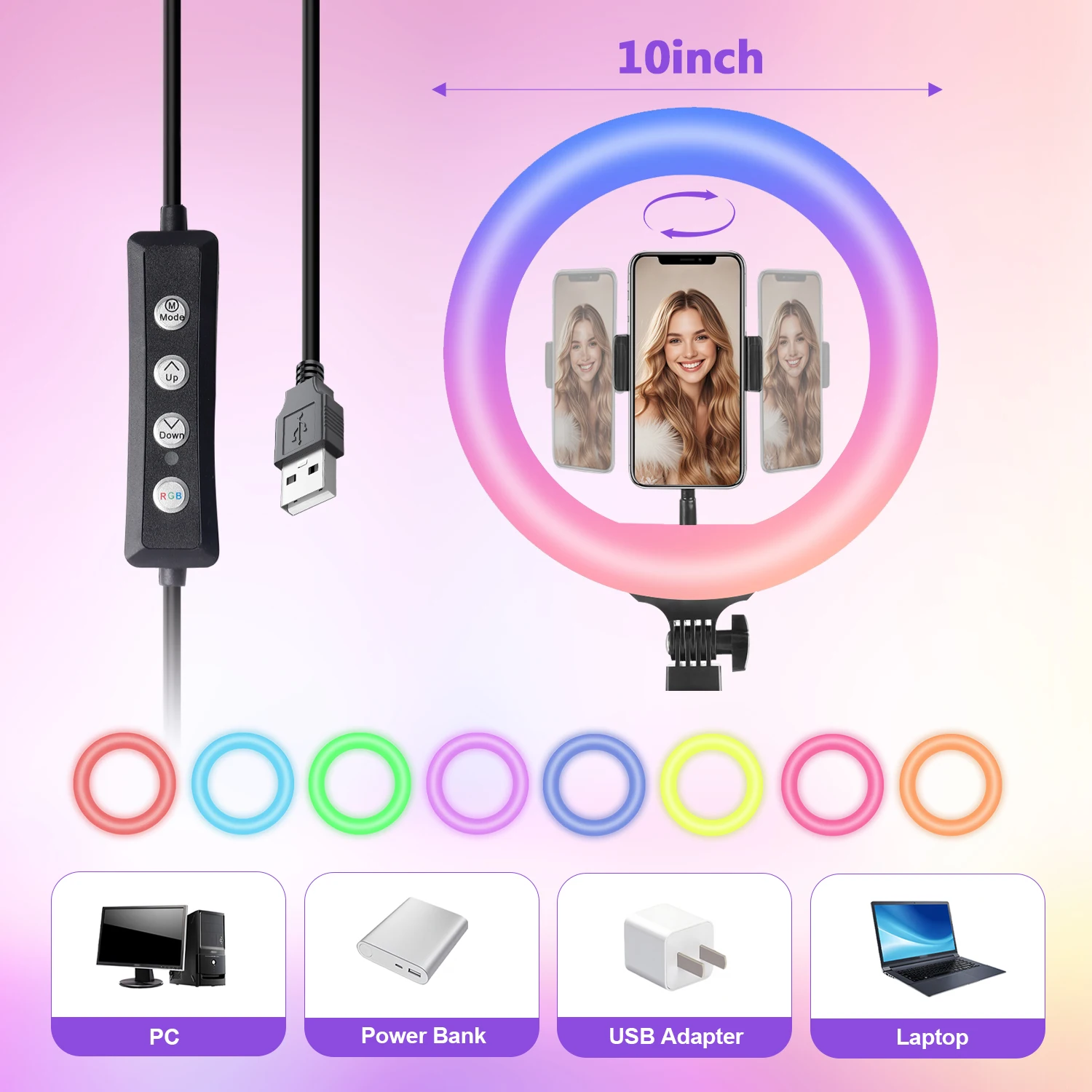 ضوء حلقة RGB قابل للتعديل مقاس 10 بوصات ومجموعة حامل ثلاثي القوائم 180 سم، 101 وضع إضاءة، حامل قابل لضبط الارتفاع حتى 70 بوصة مع حامل هاتفين #2