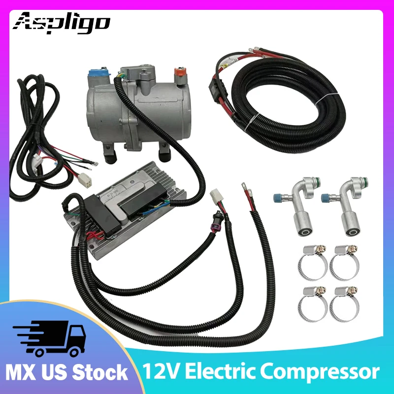 12V Electric Air Conditioning Compressor Set Air Conditioner Compressor A/C for Car Truck Bus Automotive Boat Tractor Aircon New