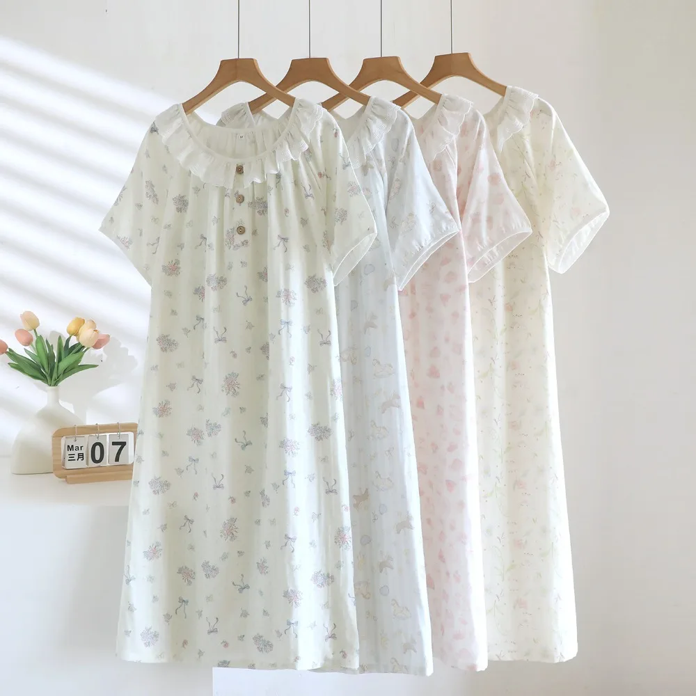 

Floral Women's Nightgown Nightdress New One Piece Summer Pajamas Dress Thin Loose Short Sleeve Nightwear For Woman Sleepwear