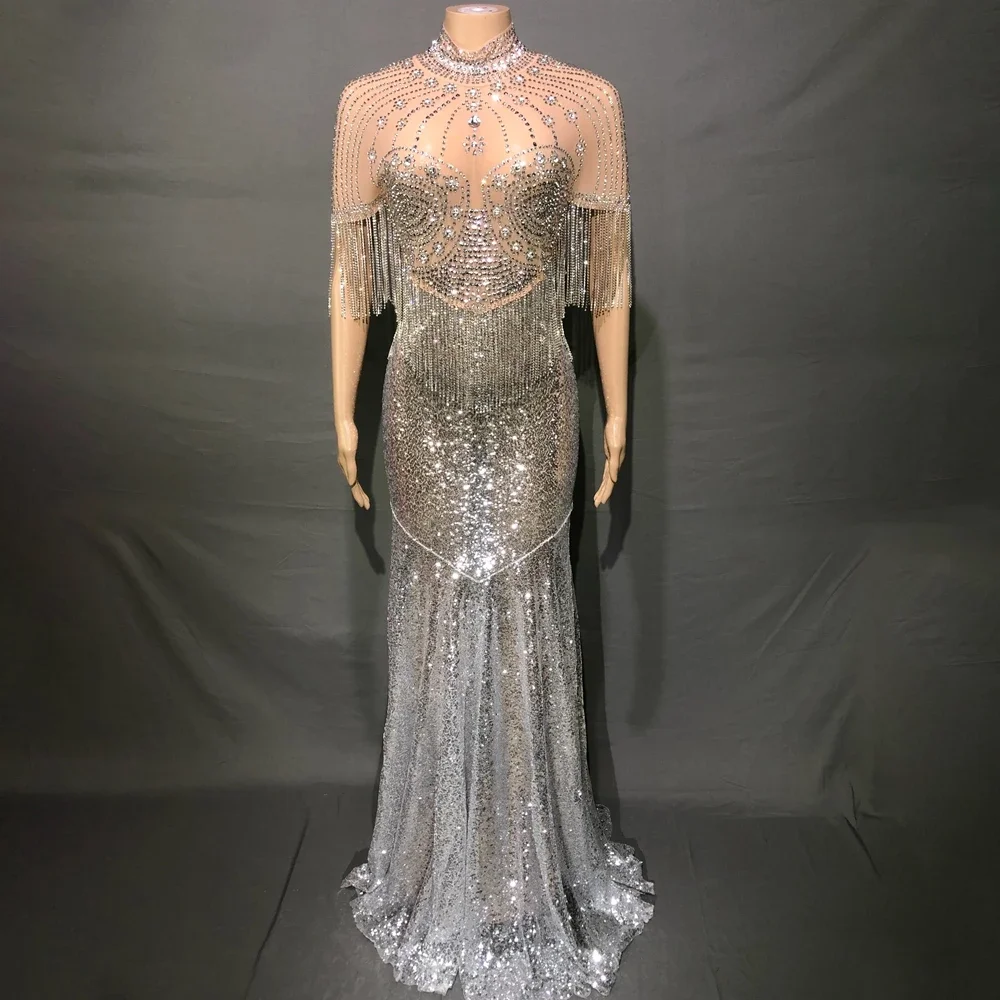 

Elegant Celebrate Birthday Evening Prom Dress for Women Sparkly Rhinestones Chains Silver Sequins Sexy See Through Long Dress