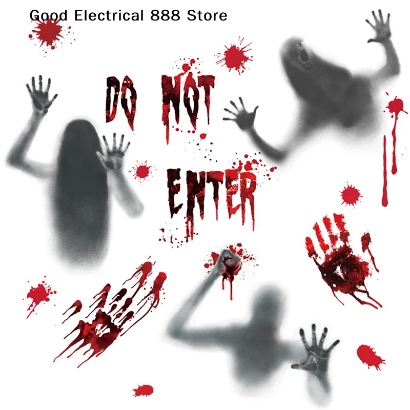 【G】Halloween Stickers Horror Blood Hand Print Door Stickers Window Bathroom Shadow Glass Female Ghost Wall Decal Halloween Decor - view 5