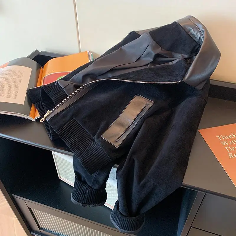 المرأة الرجعية سترة سوداء ربيع الخريف مجموعة جديدة الجلد المدبوغ الربط بولي Leather الجلود بدوره إلى أسفل طوق فضفاض سستة نمط البنطال القصير