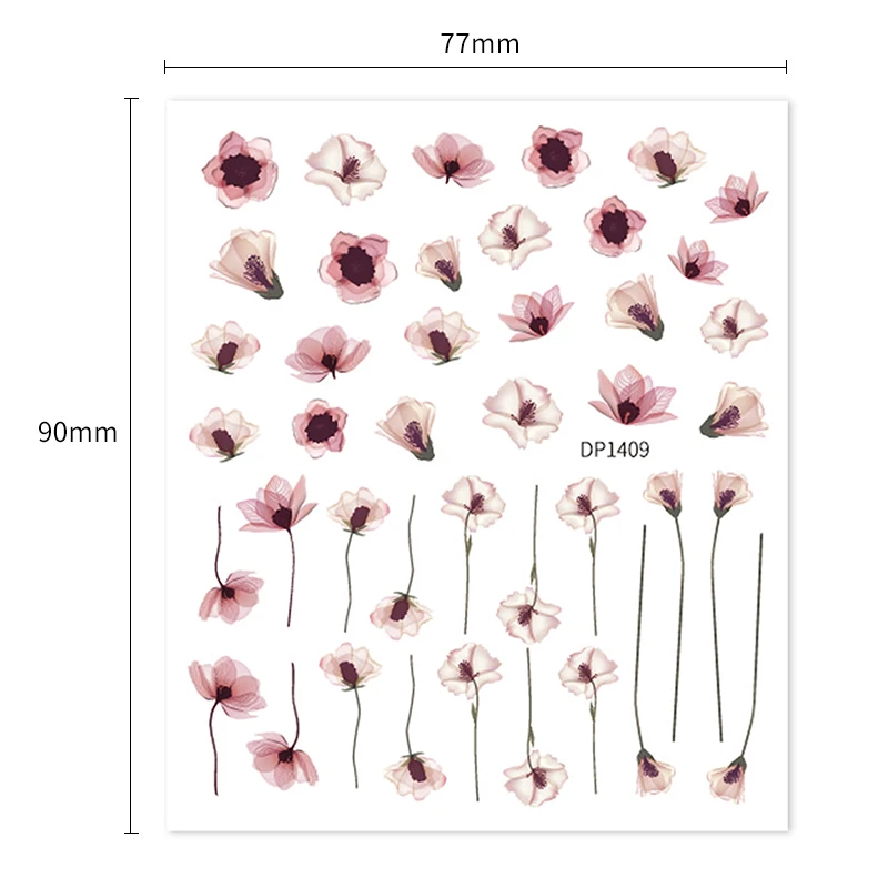 3D Nail Sticker Purple Red Blooming Flowers Transfer Decals Floral Leaf Watermark Lines for Slider Nail Art Decoration Manicure