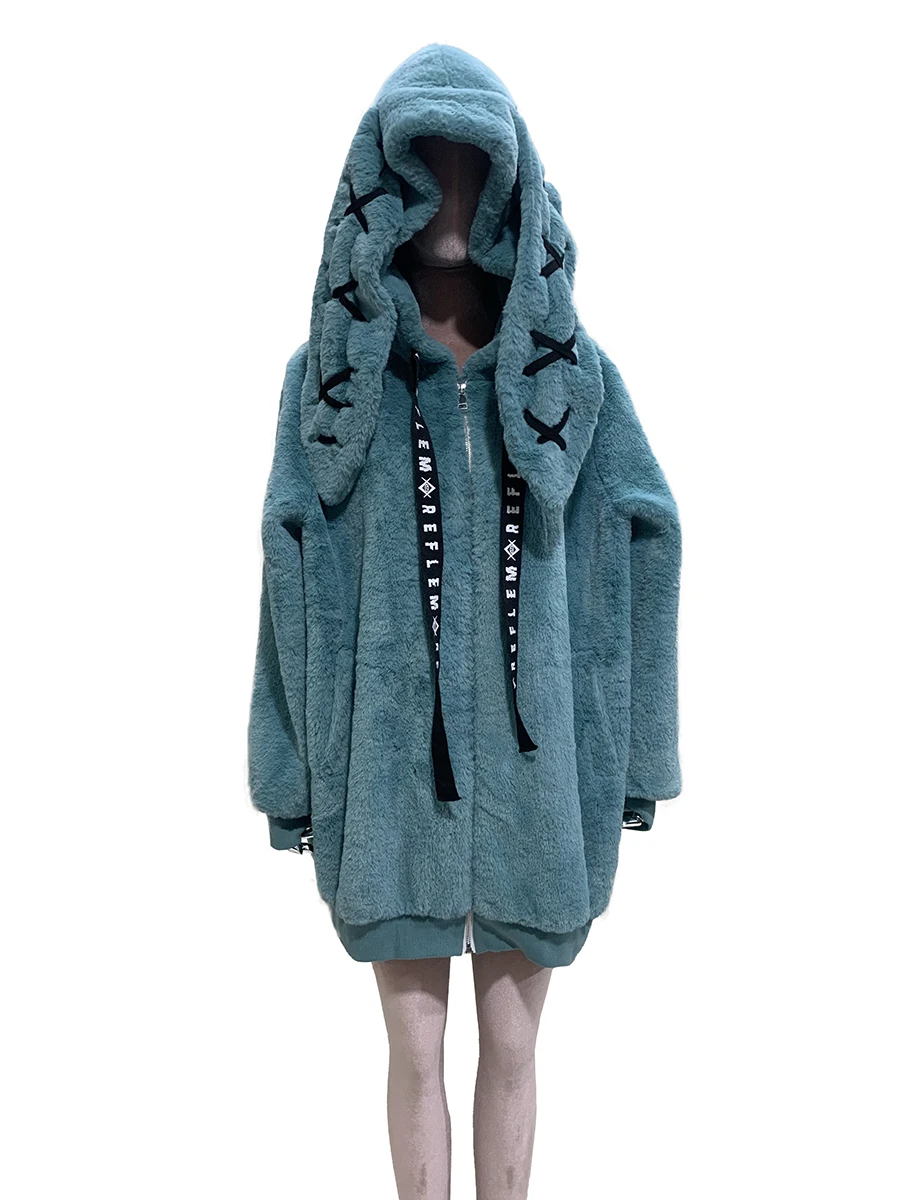 

Autumn Winter Sweet Cute Faux Fur Coat Women with Bunny Ears Zipper Kawaii Loose Japanese Style Clothes Fluffy Jacket Hoodie