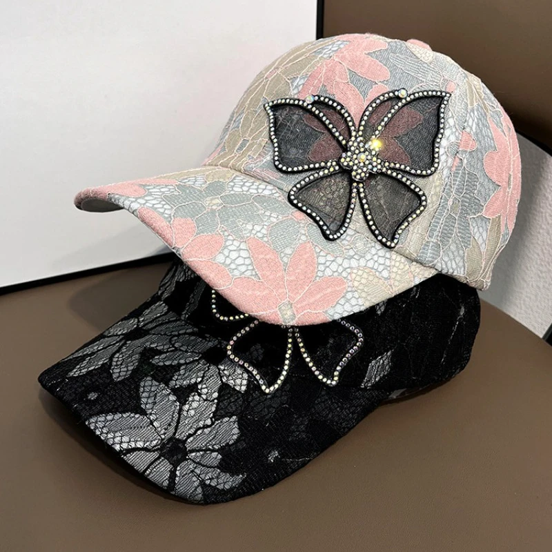 Lace Thin Hat Women's Breathable Sun Protection Water Diamond Butterfly Baseball Hat Street Fashion Versatile Trendy Visors