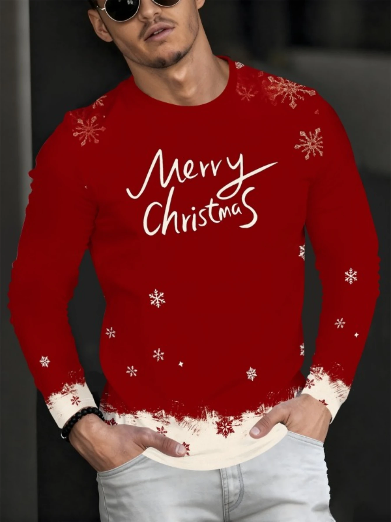 Men's Basic Versatile Christmas Themed Round Neck Long Sleeved T-shirt Base Coat 3D Printed Casual Warm And Fashionable Top