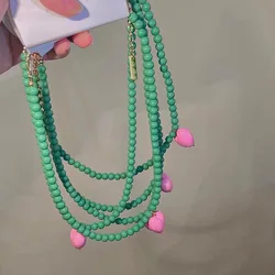 New Trend Vintage Resin Acrylic Pink Love Heart Green Beaded Necklace for Women Aesthetic Jewelry Fashion Neck Accessories