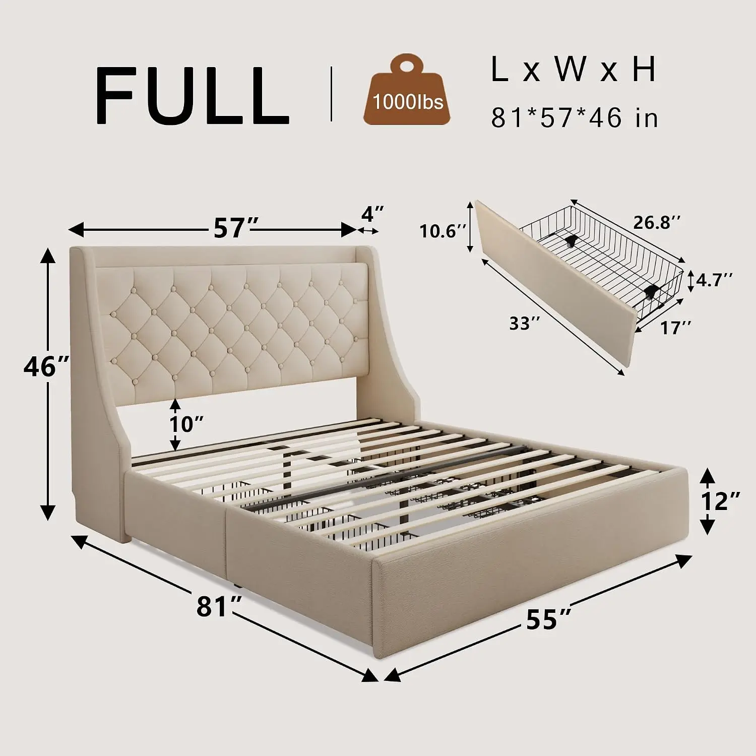 Upholstered Full Size Platform Bed With Wingback Headboard, 4 Storage Drawers & Charging Station, Customized