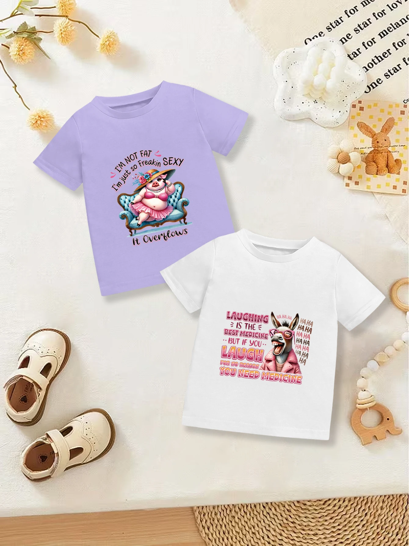 

2 предмета: летние милые футболки для девочек с графическим принтом в виде мультяшного ослика и поросенка