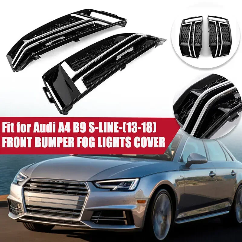 Pair Car Chrome Honeycomb Front Bumper Lower Fog Light Grille Grill Cover For Audi A4 B9 S-LINE 2016 2017 2018