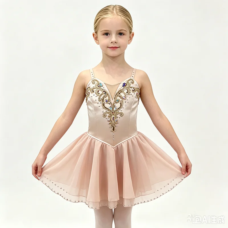 Women thin strap heart V neck short ballet performance dress gilded scroll gem embroidery nude rhinestone chiffon short skirt su